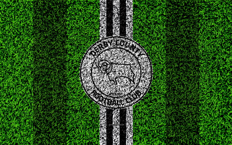 Derby County FC football lawn, logo, emblem, English football club, black and white lines, Football League Championship, grass texture, Derby, UK, England, football, HD wallpaper