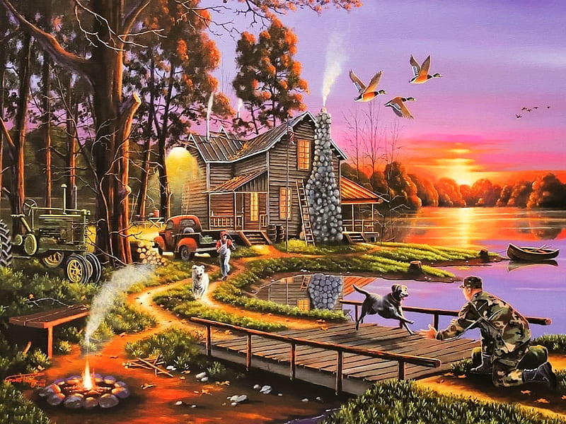 Coming Home, fire, tractor, soldier, ducks, Welcome, cabin, Sunset, lake, dogs, HD wallpaper