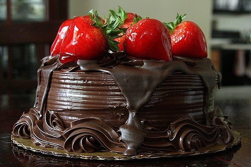 Temptation, cake, chocolate, tempting, strawberries, icing, dessert, HD wallpaper