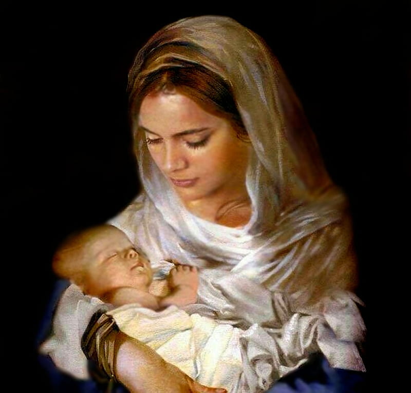 Painting Of Mother With Child, pretty, stunning, brown, yellow, women are special, bonito, breathtaking, mother, Jesus, Mary, etheral women, love, pink, female trendsetters, gorgeous, blue, lovely, newborn, black, Savior, lips nails eyes hair art, baby, delicate, Holy, white, HD wallpaper