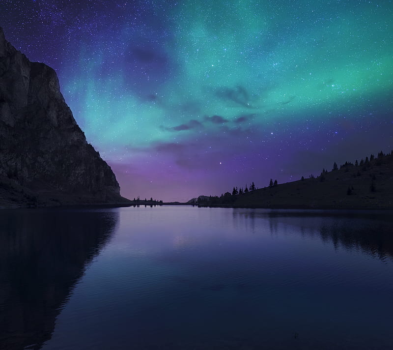 Nightfall, aurora, aurora borealis, lake, landscape, nature, night, HD wallpaper