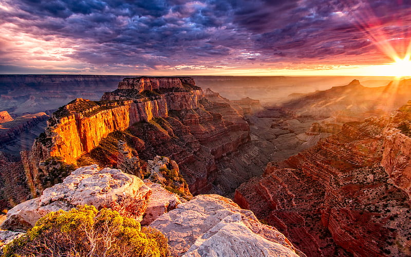 Grand Canyon, sunset, cliffs, american landmarks, Grand Canyon National Park, America, USA, HD wallpaper