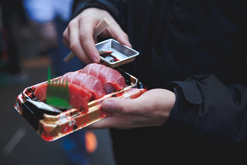 person holding tuna sashimi, HD wallpaper