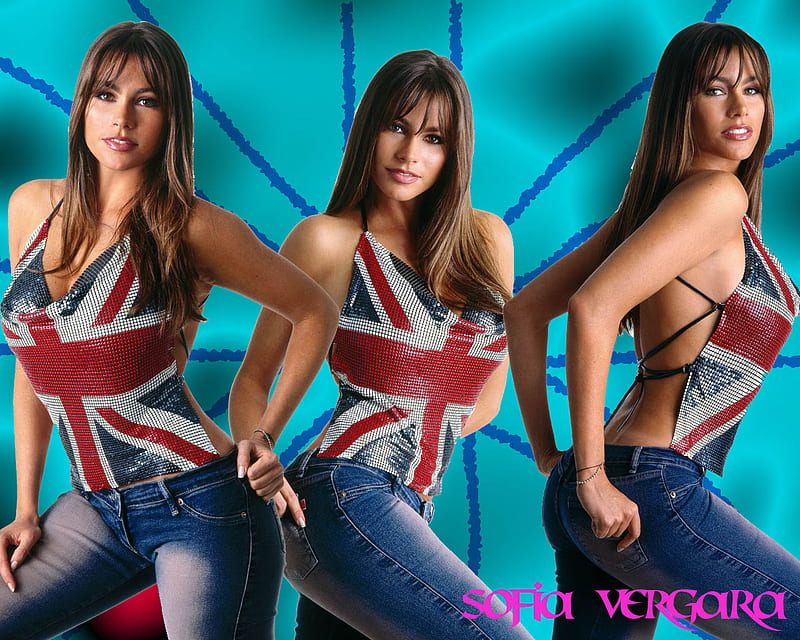 Sofia Vergara, curves, model, britain, bonito, woman, uk, sexy, flag, colombian, actress, united kingdom, union jack, HD wallpaper