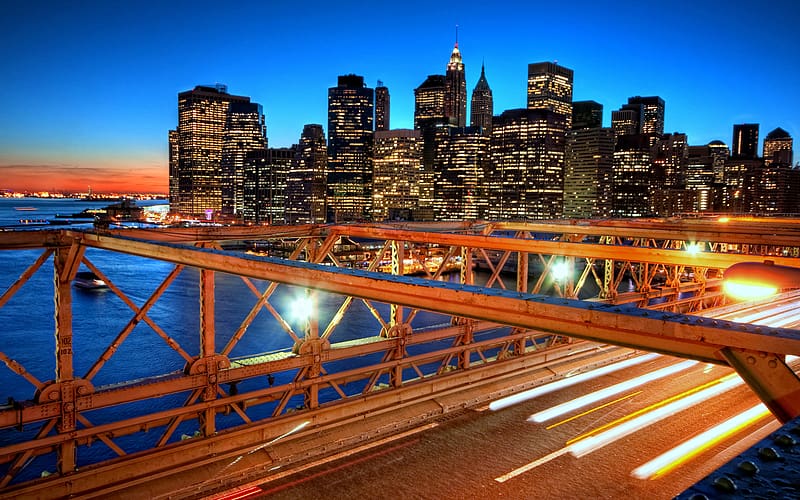 Cities, Night, Architecture, Skyscraper, Building, Light, Bridge, Cityscape, New York, Manhattan, Brooklyn Bridge, , Time Lapse, HD wallpaper