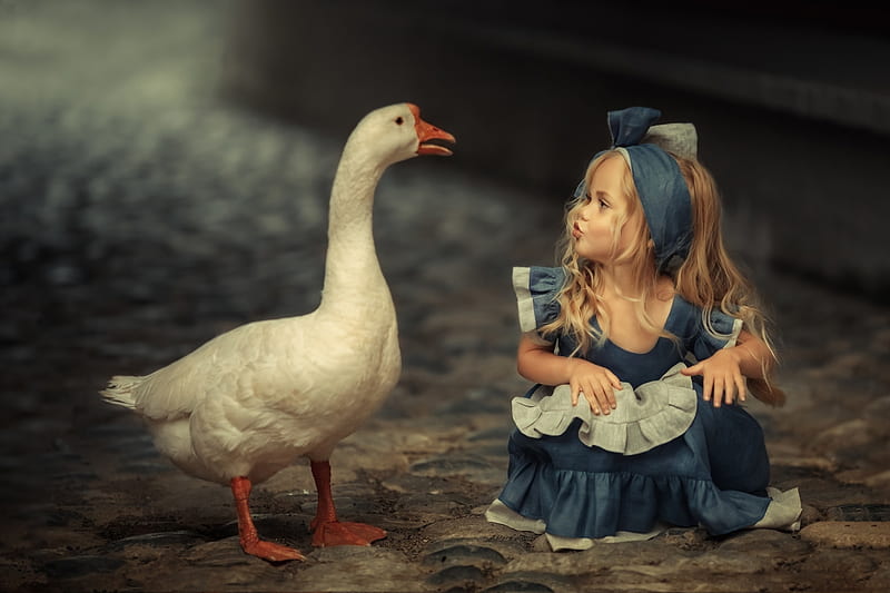 Little Girl, Girl, Dress, Child, Goose, HD wallpaper