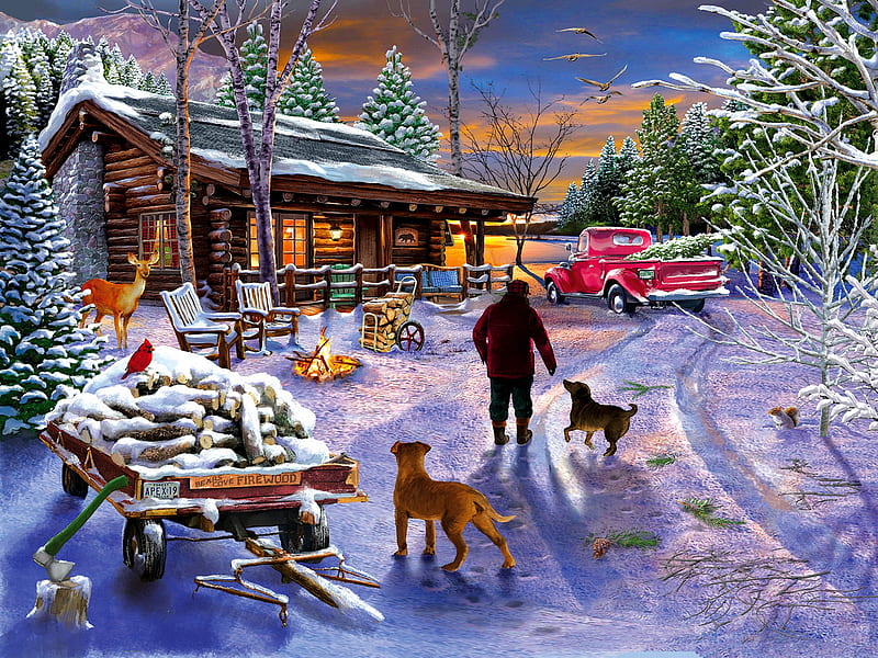 Winter refuge, snow, winter, art, Christmas, refuge, holiday, village, HD wallpaper