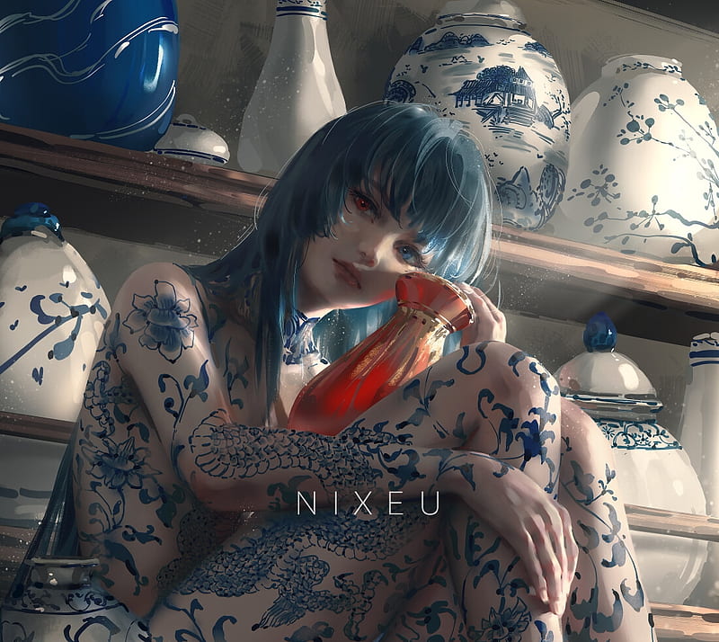 Blue girl, art, red, frumusete, nixeu, girl, luminos, vase, blue, fantasy, HD wallpaper