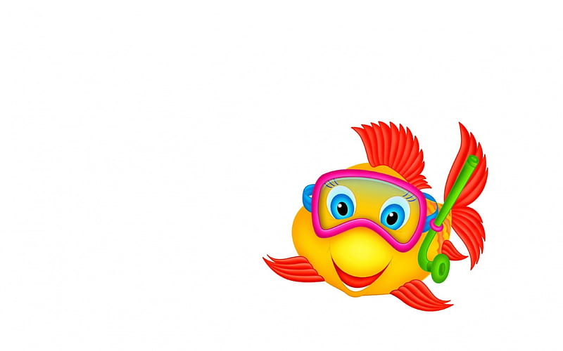 Fish, red, glasses, summer, yellow, child, white, card, HD wallpaper