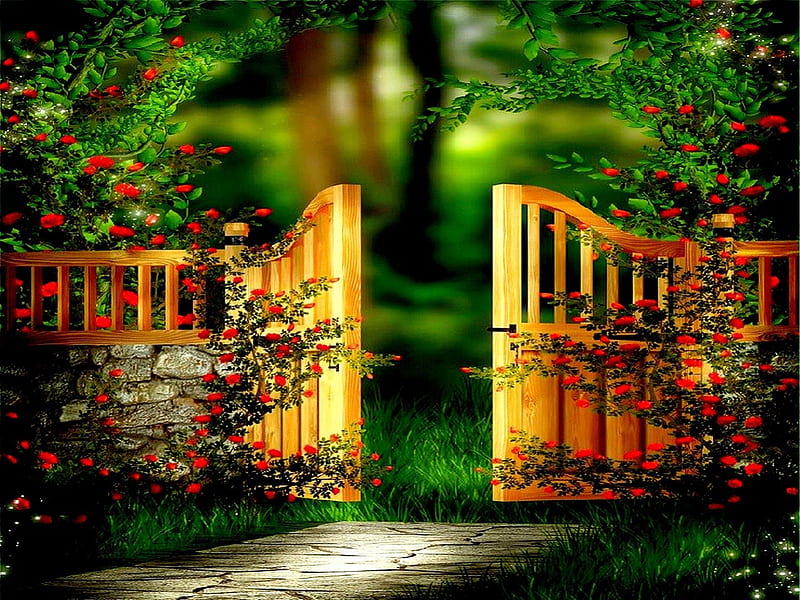 GARDEN GATE, gate, creep, flowers, garden, spring, open, HD wallpaper