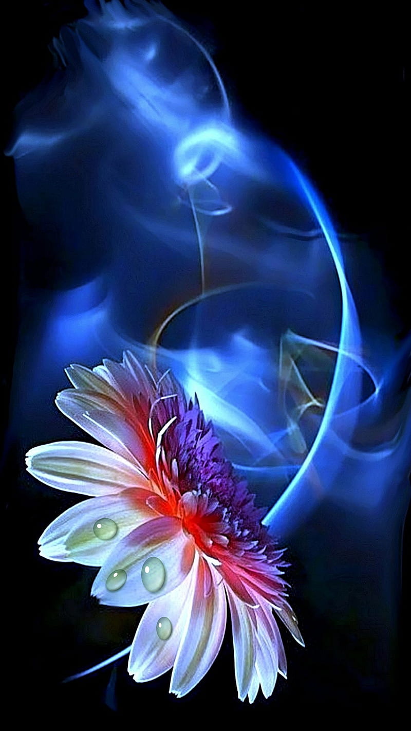 Neon flower, blue, drops, lines, smoke, HD phone wallpaper