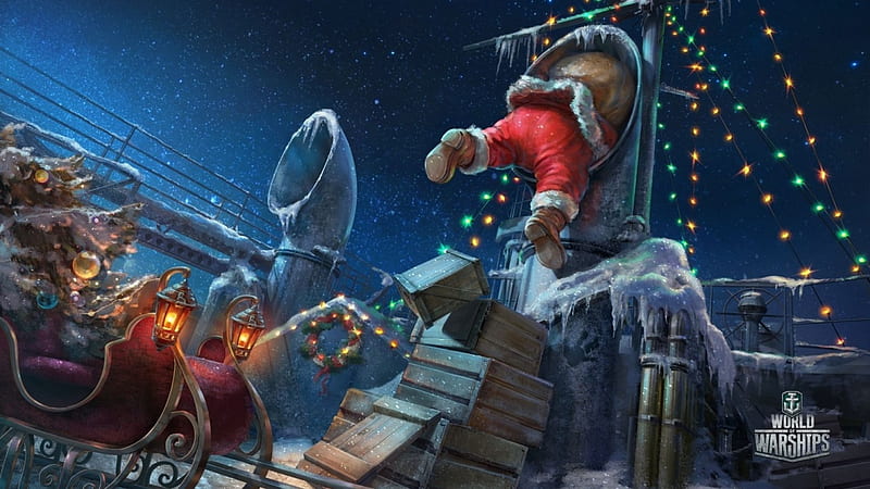 Santa is coming!, poster, sleigh, red, craciun, world of warship, christmas, game, winter, santa, reindeer, blue, HD wallpaper