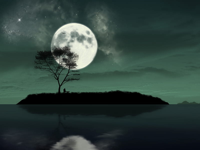 island, night, moon, silhouette, loneliness, art, HD wallpaper