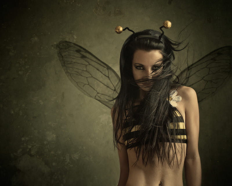 Beautiful Bumblebee, wings, antennae, beauty, attrative, bonito, bumble bee dress, eyes, lady, HD wallpaper