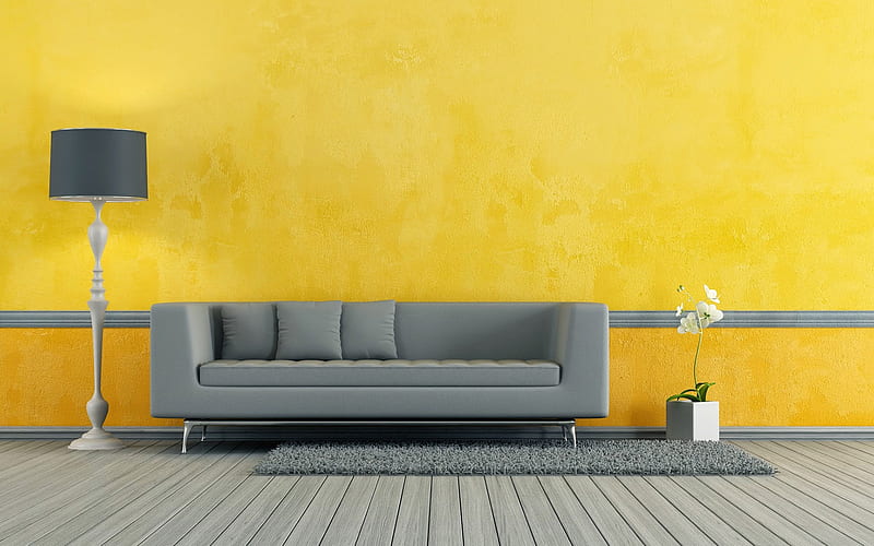 stylish interior, living room, yellow walls, gray sofa, stylish interior design, HD wallpaper