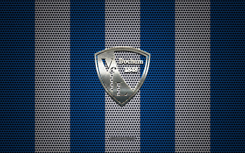 VfL Bochum logo, German football club, metal emblem, blue white metal mesh background, VfL Bochum, 2 Bundesliga, Bochum, Germany, football, HD wallpaper