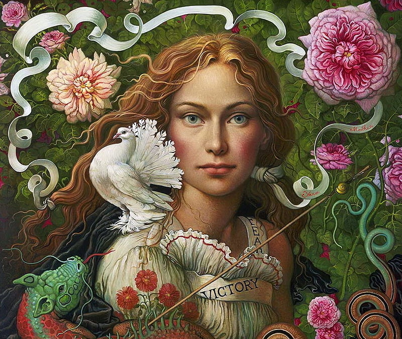 painting, dove, face, art, girl, bird, yana movchan, green, flower, pictura, pink, HD wallpaper