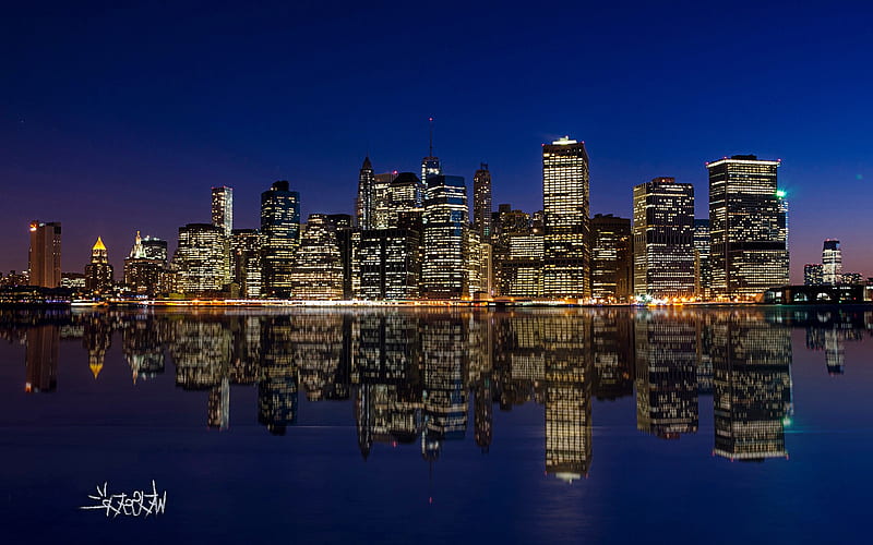 Manhattan Night Skyline, world, manhattan, lights, water, sky, buildings, HD wallpaper