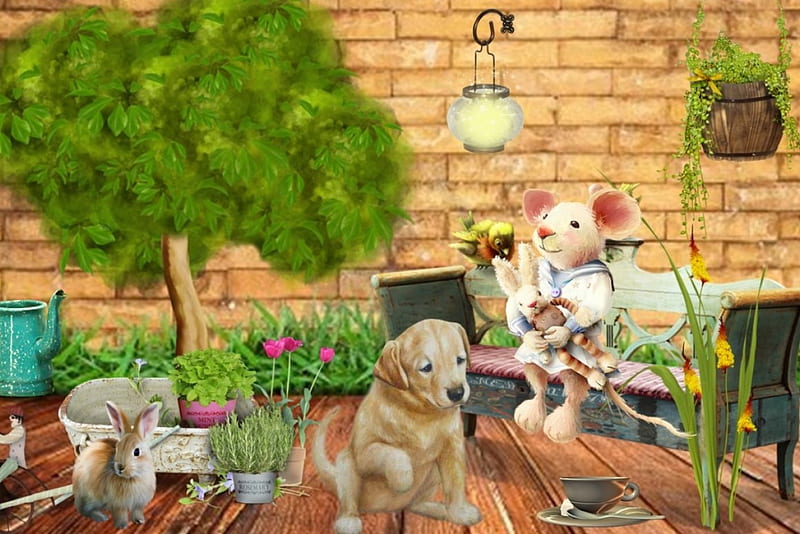 Spring Garten, mouse, flower, spring, garten, dog, HD wallpaper