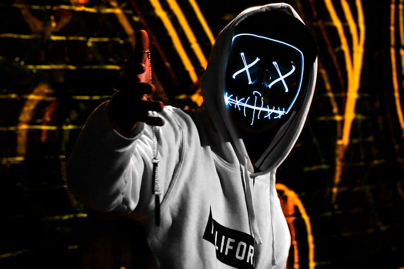 man wearing white California pullover hoodie and LED mask, HD wallpaper