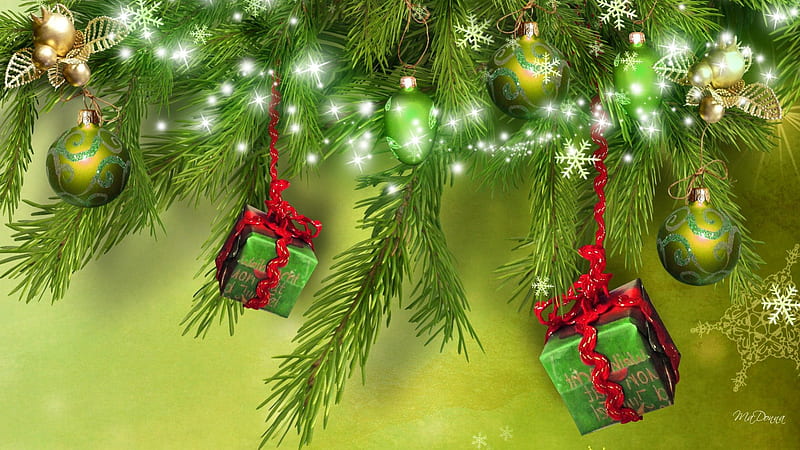 Celebrate in Green, feliz navidad, glow, christmas, shine, packages, new year, lights, sparkle, green, balls, snowflakes, decorations, fir, gifts, spruce, HD wallpaper