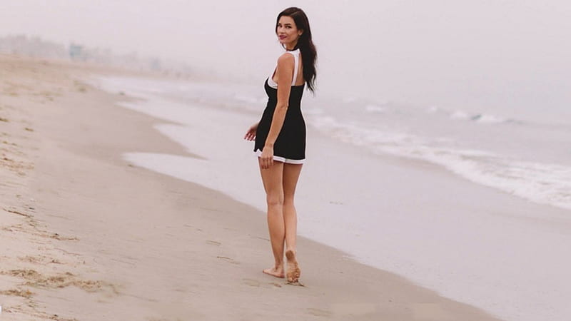 Brunette on the beach, black dress, Sea, Brunette, legs, feet, beach ...