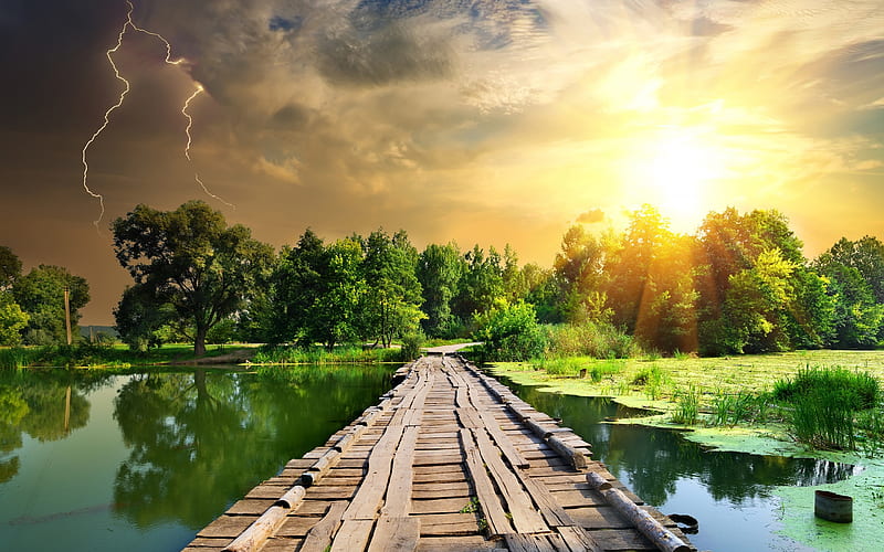 lake, wooden bridge, sunset, storm clouds, lightning, evening, green trees, HD wallpaper