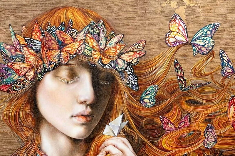 Wish upon a paper butterfly, fantasy, redhead, butterlfy, girl, papaer, painting, kerry darlington, art, face, pictura, HD wallpaper