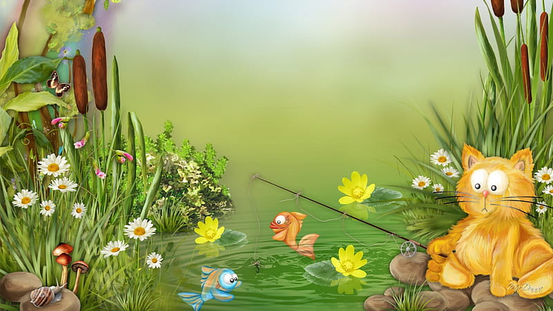 Catch a Fish, grass, fish, fishing pole, cat tails, butterflies, spring, cat, pool, pond, daisies, green, summer, flowers, HD wallpaper