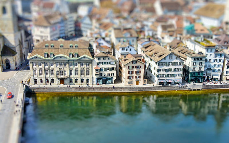 Zurich, tilt-shift, swiss cities, old buildings, street, Switzerland, Europe, HD wallpaper