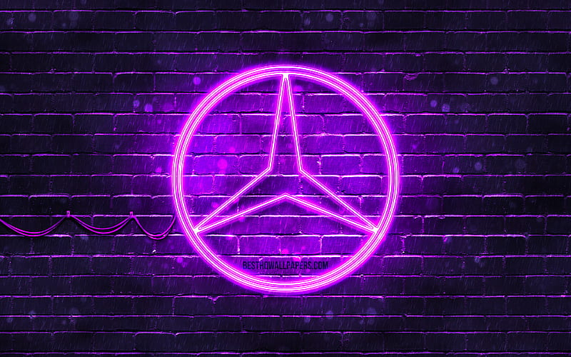 Mercedes-Benz violet logo violet brickwall, Mercedes-Benz logo, cars brands, Mercedes logo, Mercedes-Benz neon logo, Mercedes-Benz, HD wallpaper