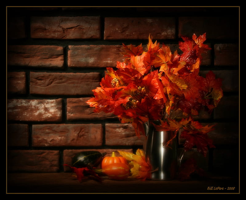 Autumn Mantle, still life, leaves, home, fall decoration, pumpkins, HD wallpaper