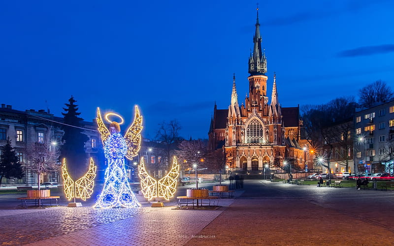 Church in Krakow, Poland, church, angel, Christmas, dusk, Krakow, Poland, HD wallpaper
