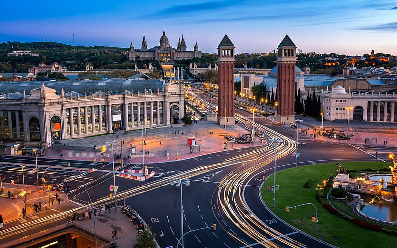 Barcelona, Venetian columns, Plaza of Spain, Montjuic, Spain, towers, architecture, HD wallpaper