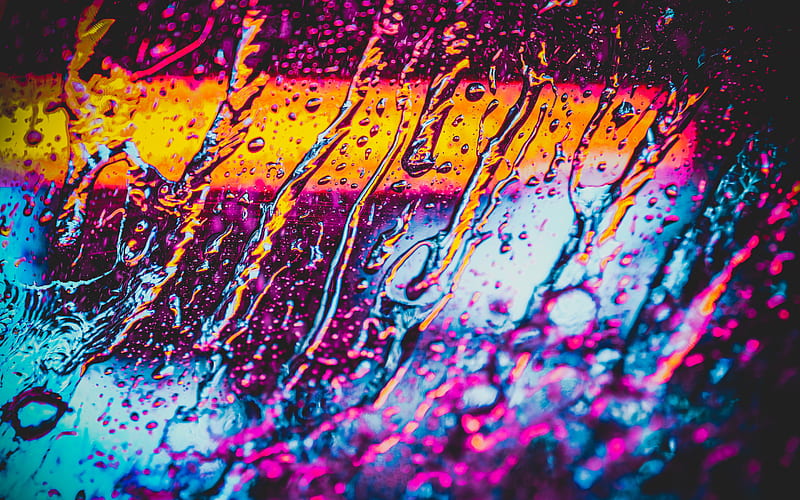 water on glass, neon light, water drops, night, glass texture, HD wallpaper