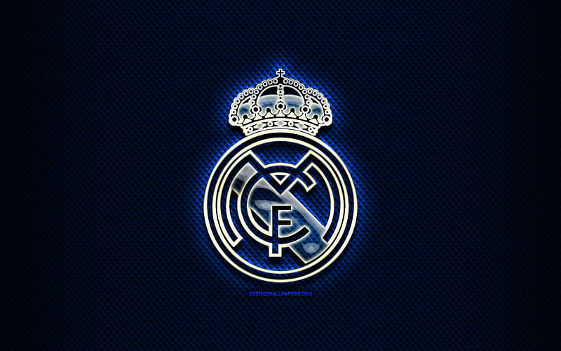 Real Madrid FC, glass logo, blue rhombic background, LaLiga, soccer, spanish football club, football, Real Madrid logo, creative, Real Madrid CF, Spain, La Liga, HD wallpaper