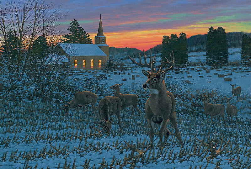 The Stone Church Buck, farm, art, house, michael sieve, painting, sunset, pictura, deer, HD wallpaper