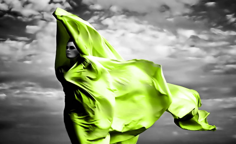 Green Veil, pretty, color splash, veil, black and white, bonito, silk, woman, elegant, graphy, nice, fantasy, green, people, figure, gris, models female, wind, black, abstract, silhouette, girl, white, HD wallpaper
