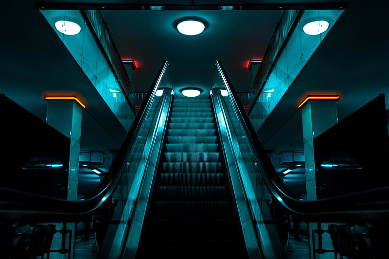 escalator, stairs, lighting, construction, room, HD wallpaper