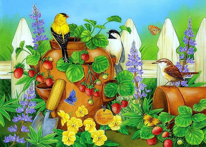 ★Strawberry in the Morning★, gardening, fruits, love four seasons, birds, butterflies, spring, attractions in dreams, creative pre-made, seasons, paintings, flowers, strawberries, nature, lovely flowers, butterfly designs, animals, HD wallpaper