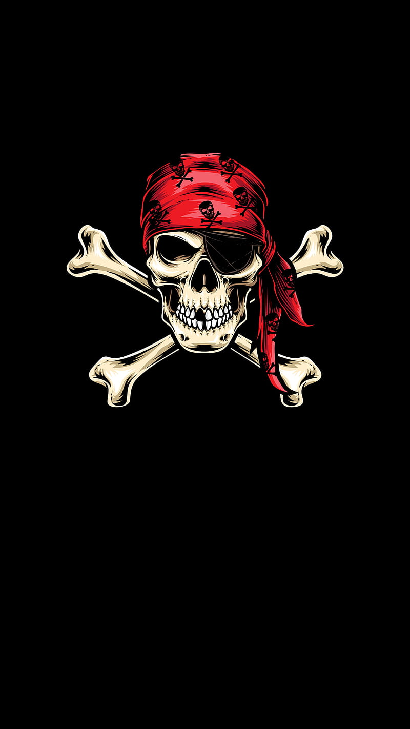 Pirate Skull, Kiss, bandana, black, bones, booty, crossbones, red, HD phone wallpaper