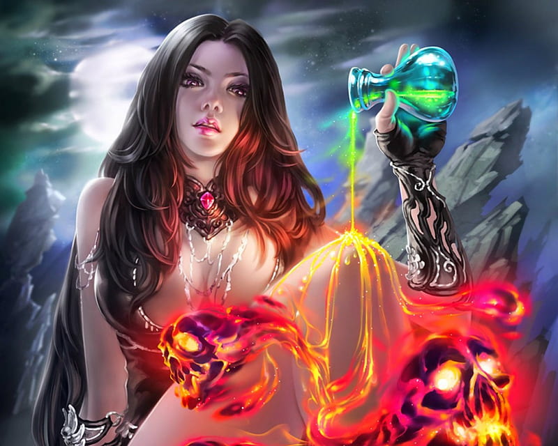 Magical Potion, magical, fantasy, woman, skull, HD wallpaper