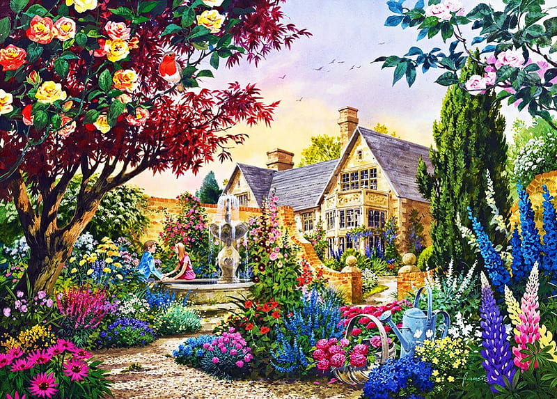 Summer Romance, house, plants, flowers, garden, roses, HD wallpaper ...