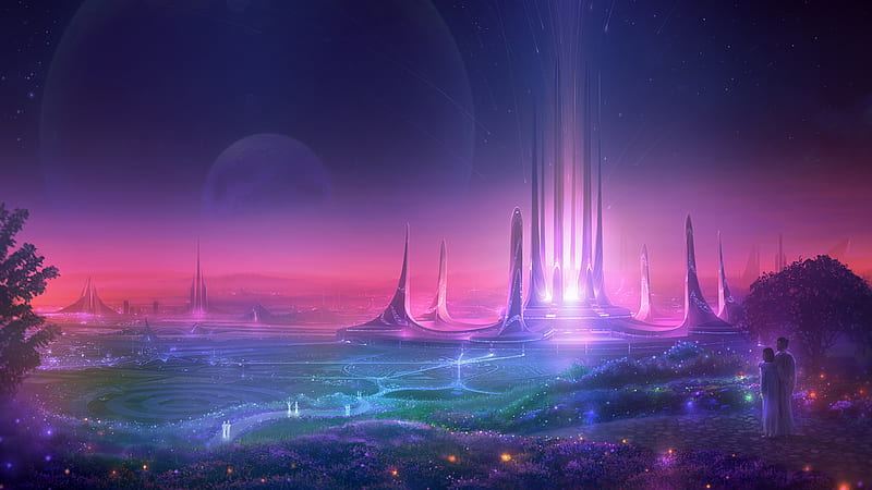 futuristic cityscape, skyscrapers, planet, surface, towers, couple, field, Sci-fi, HD wallpaper