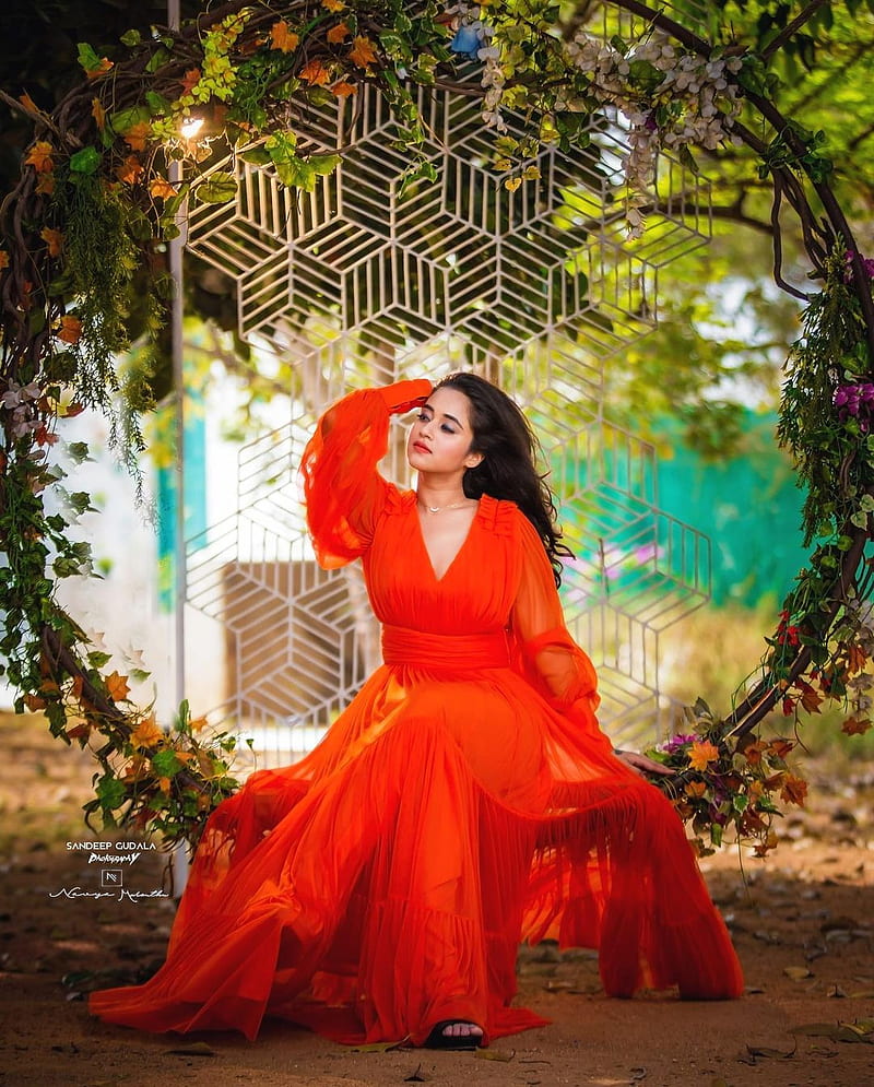 deepthi sunaina, bridal party dress, orange, HD phone wallpaper