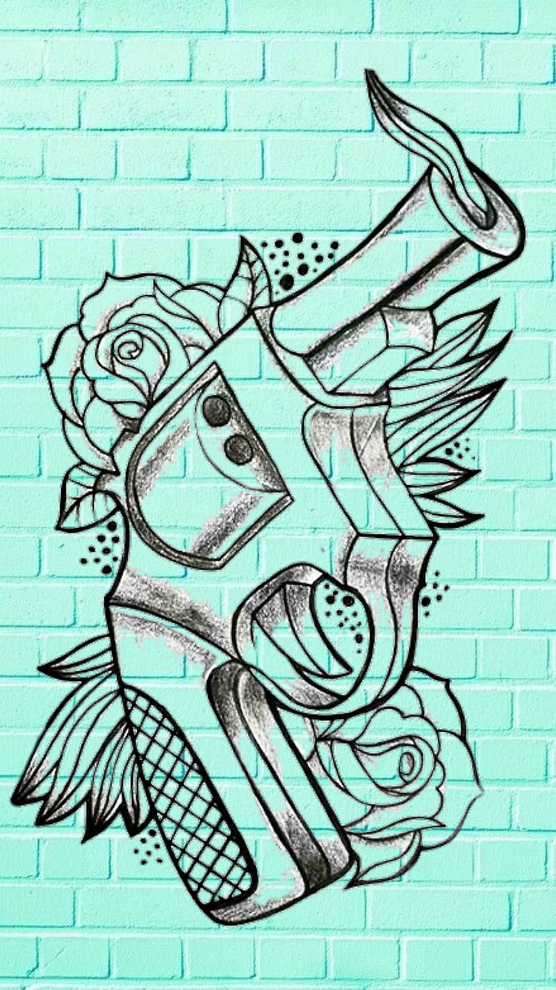 TealSteal, brick, flower, gun, revolver, teal, HD phone wallpaper