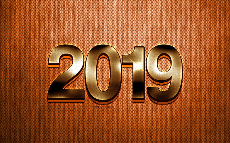 2019 Year, golden 3d letters, New Year, orange creative background, 2019 creative design, art, Happy New Year, HD wallpaper