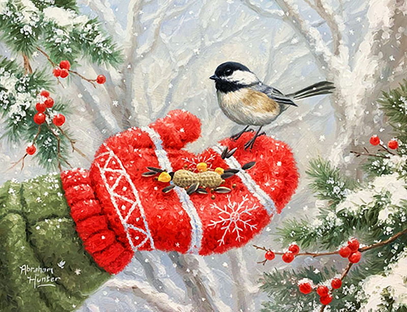 Winter Encounter, feeding, bird, chickadee, berries, snow, painting, hand, artwork, HD wallpaper