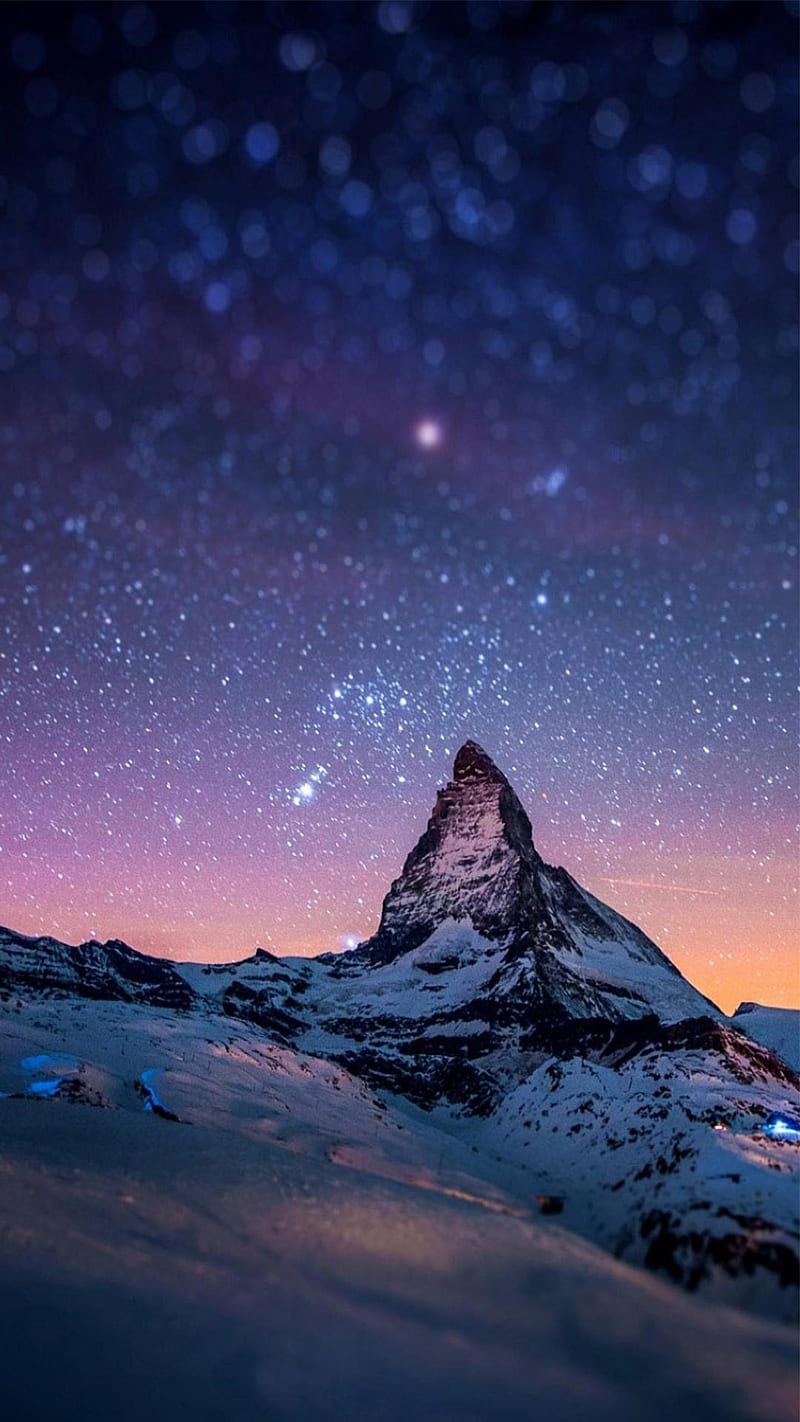 Stars, evening, mountain, snow, sunset, HD phone wallpaper