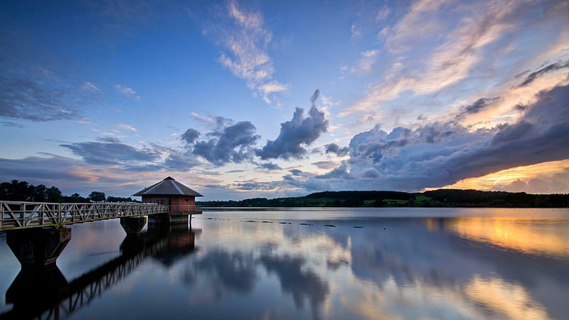 pier in a water reservoir, reservoir, pier, reflection, clouds, lake, HD wallpaper